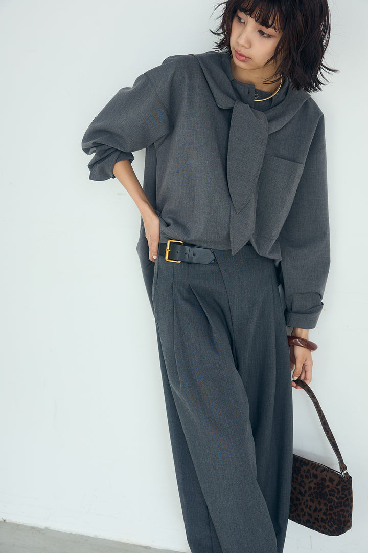 [SET]無地タイ付フーディーBIGシャツ+サイドベルトタック入りスラックス(2set)