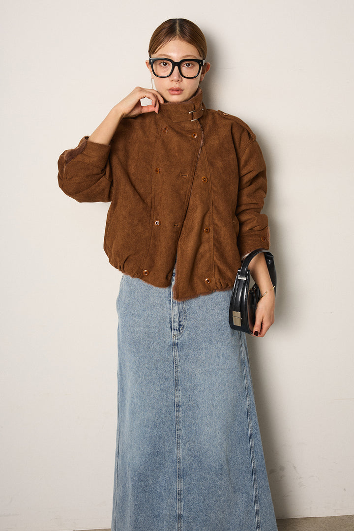 [SET]スタンド襟スウェードライクアウター+デニムロングフレアスカート(2set)