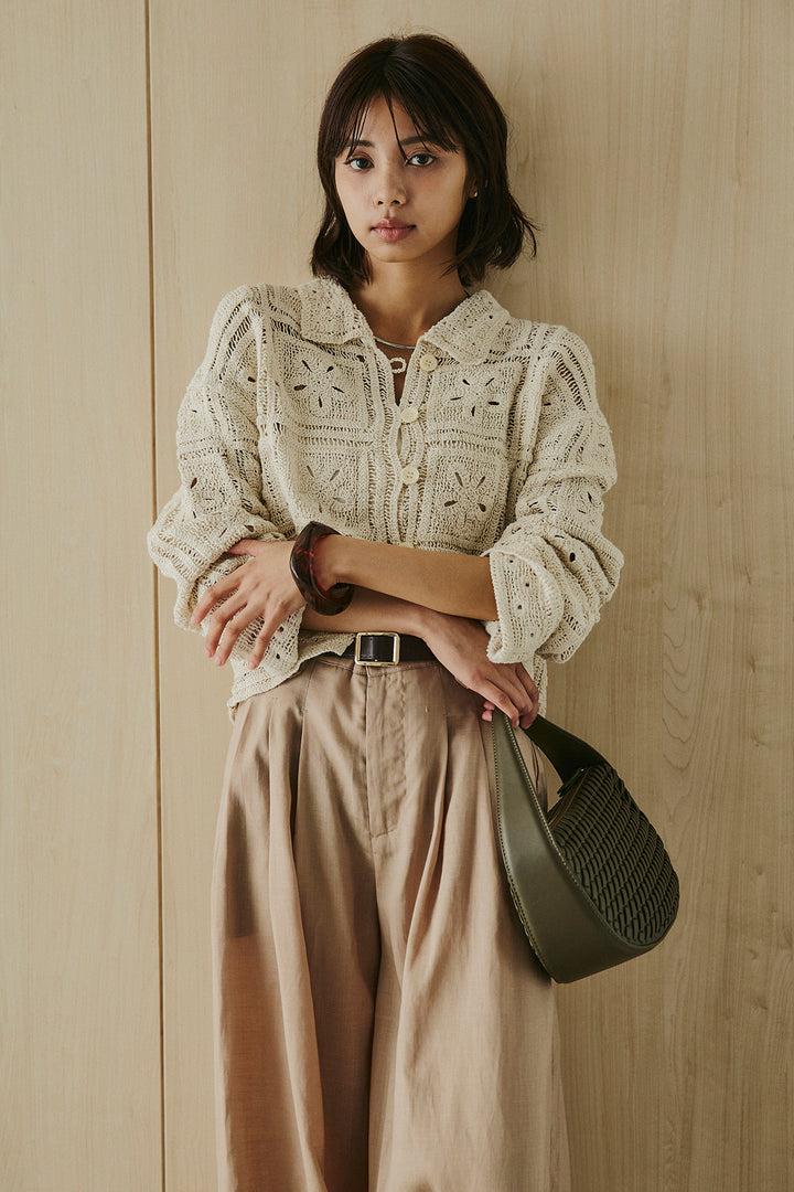 [SET]鍵編みフラワーレースカーディガン+タック入りワイドパンツ(2set)