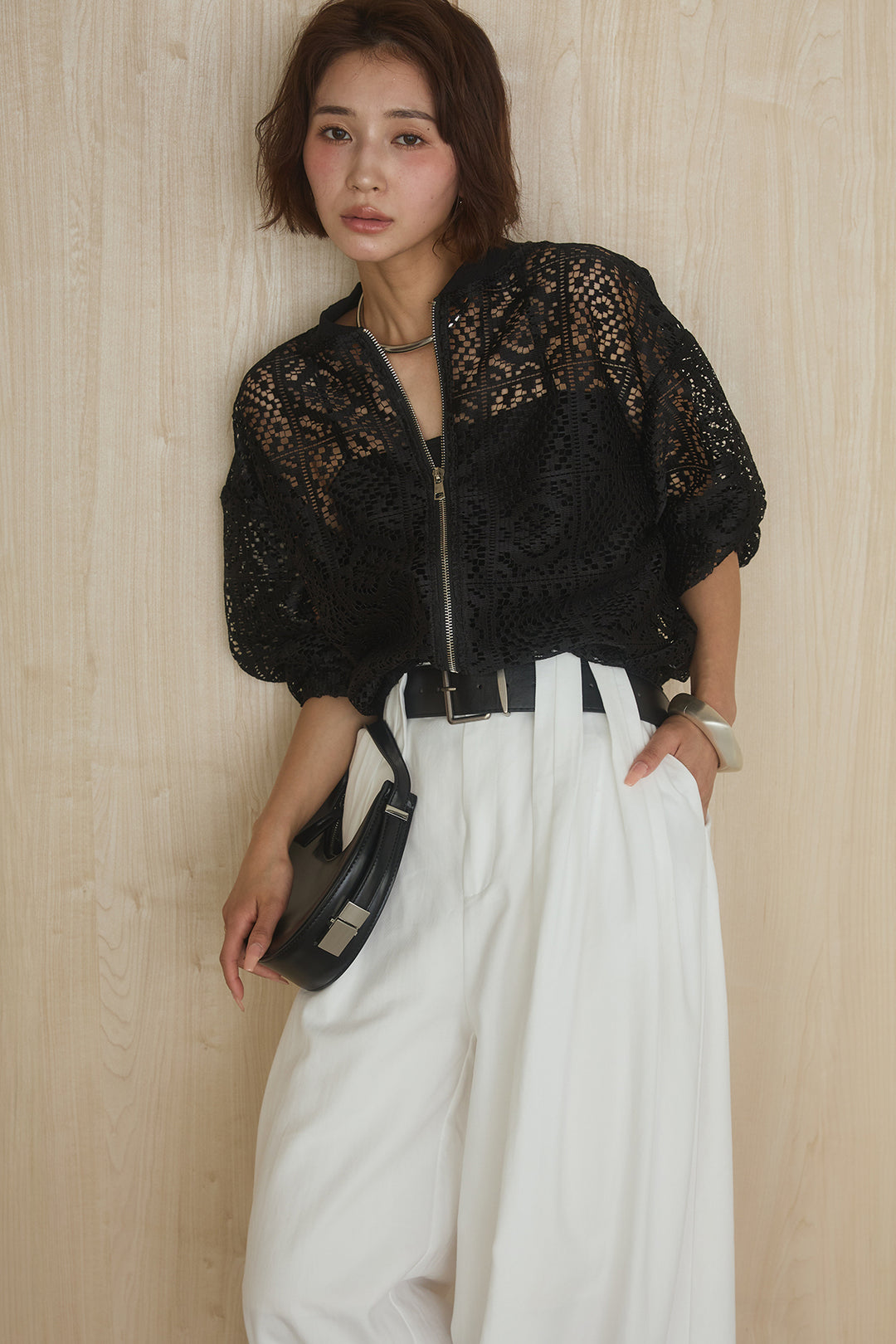 [SET]幾何レースブルゾン+ベルト付きビックループワイドパンツ(2set)