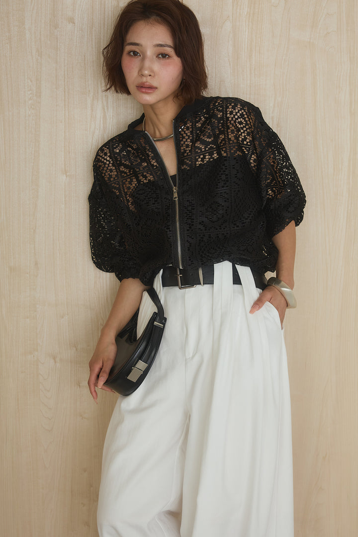 [SET]幾何レースブルゾン+ベルト付きビックループワイドパンツ(2set)