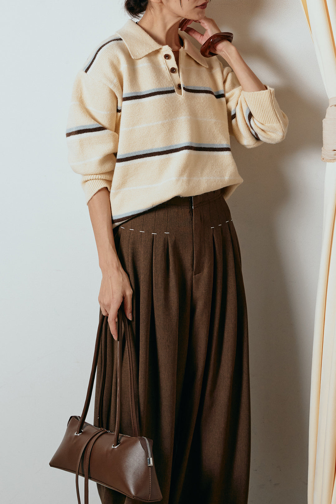[SET]襟付きマルチボーダーニットポロトップス+ウエストステッチデザインワイドスラックス(2set)