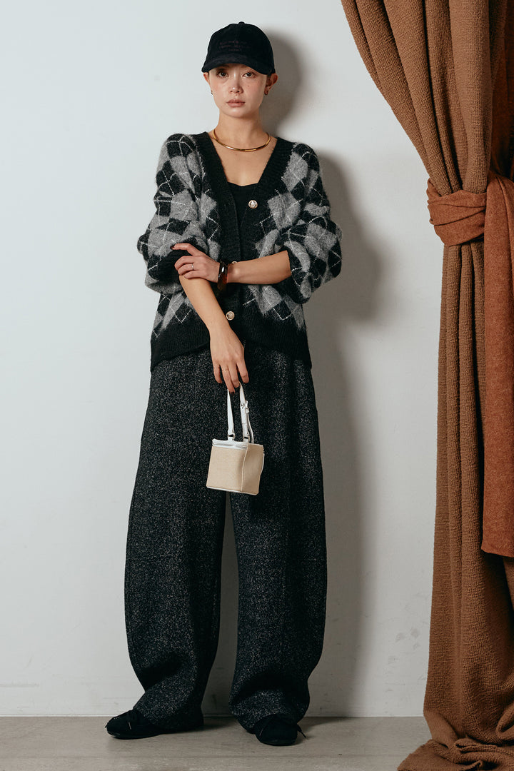 [SET]オーバーサイズ総柄Vネックニットカーディガン+杢ニットフレアパンツ(2set)