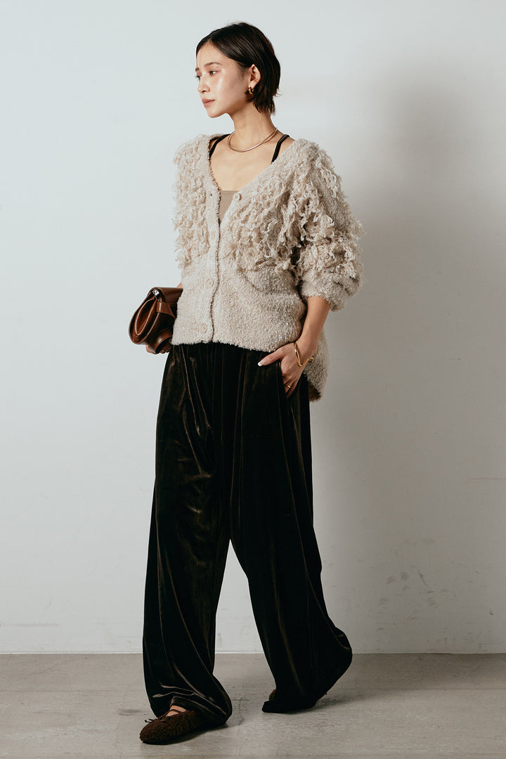 [SET]ループ編みVネックニットカーディガン+ベロアサスペンダー付きパンツ(2set)