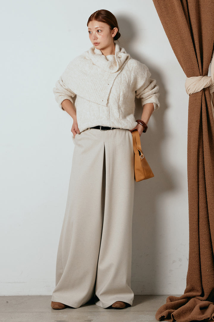 [SET]ケープデザインケーブルニットトップス+ベルト付きフロントタックデザインパンツ(2set)