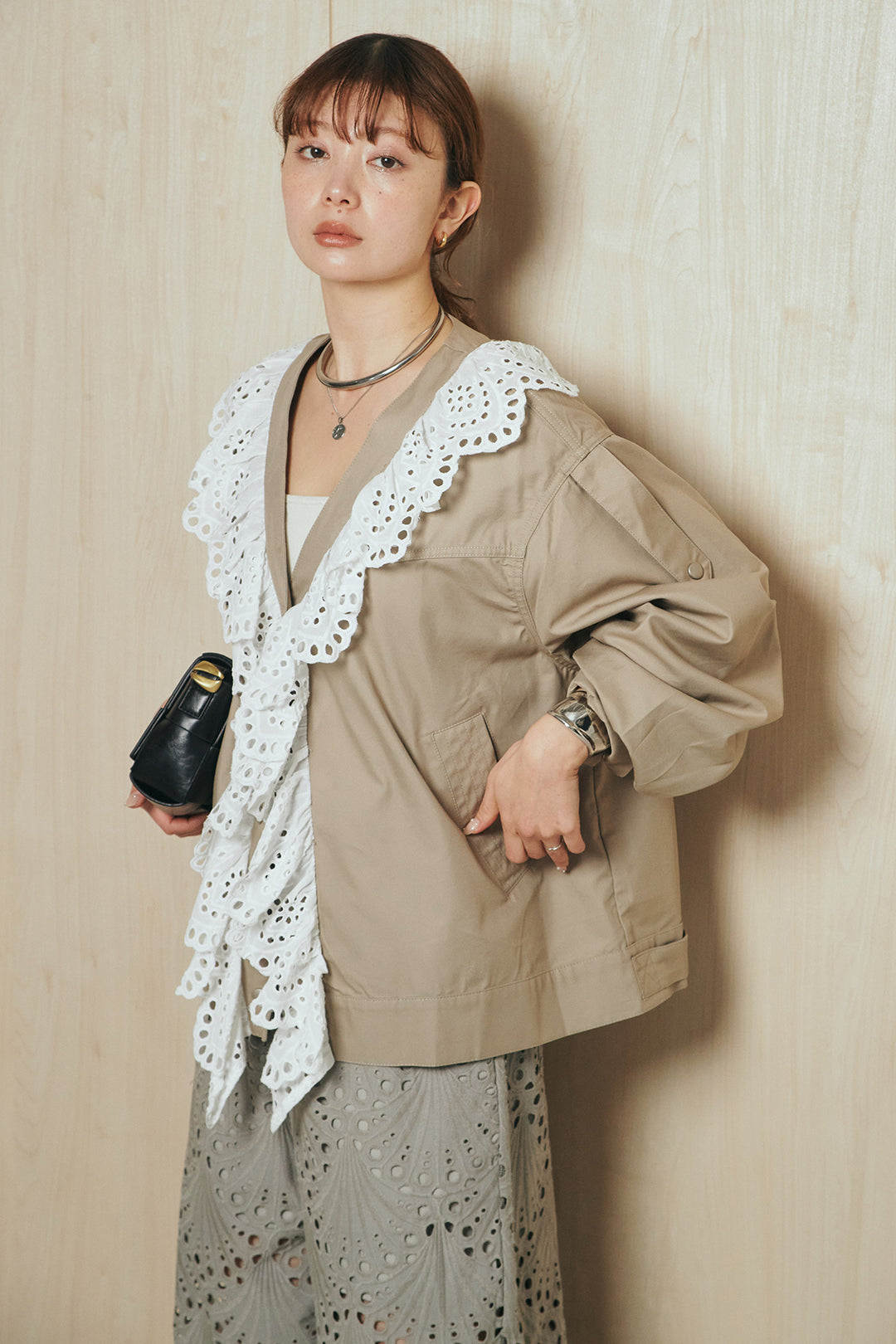 [SET]レースフリルドッキングアウター+レース刺繍リラックスパンツ(2set)