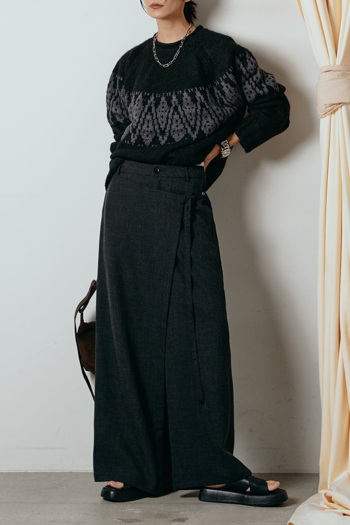 [SET]モノトーン柄ニットトップス+ラップ巻きワイドスラックス(2set)
