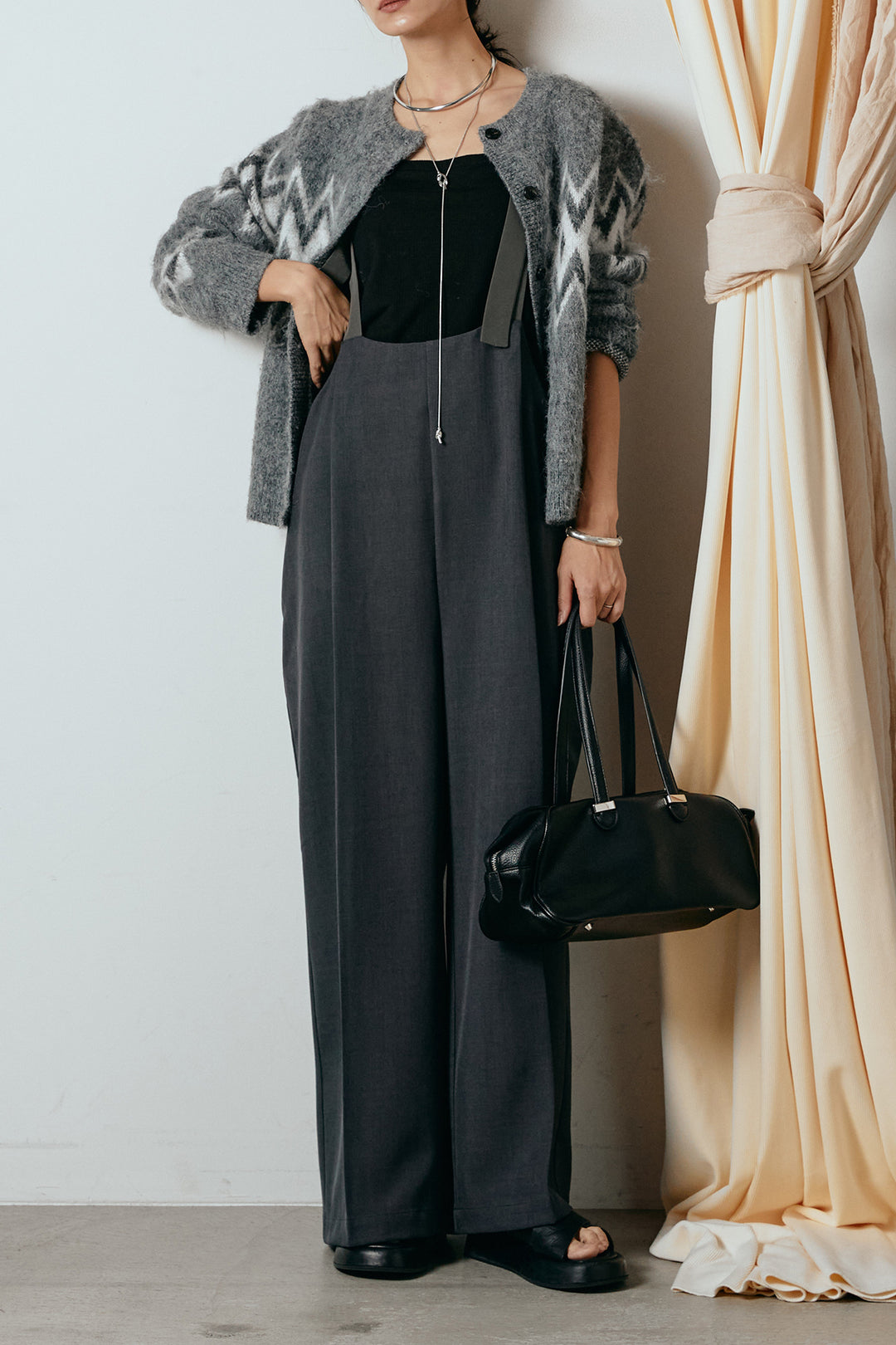 [SET]起毛ノルディック柄ニットカーディガン+ワイドツイルサロペット(2set)