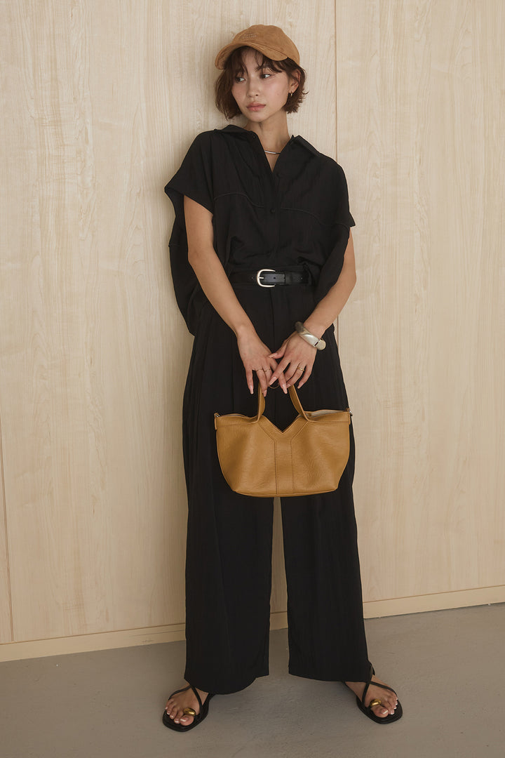 [SET]リネンライクランタンノースリシャツ+リネンライク2タックワイドパンツ(2set)