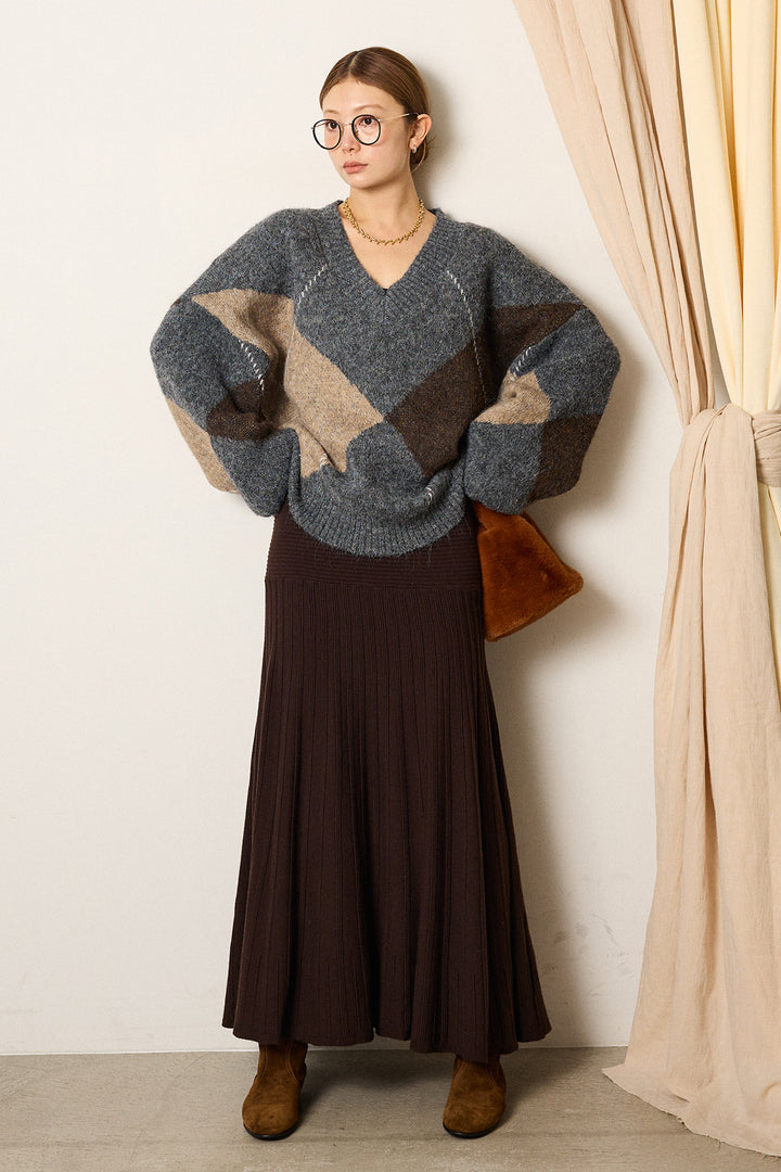 【着回しセット】[SET]ルーズアーガイルVネックニット+ルーズアーガイルVネックニット+編み地切り替えフレアニットスカート(3set)