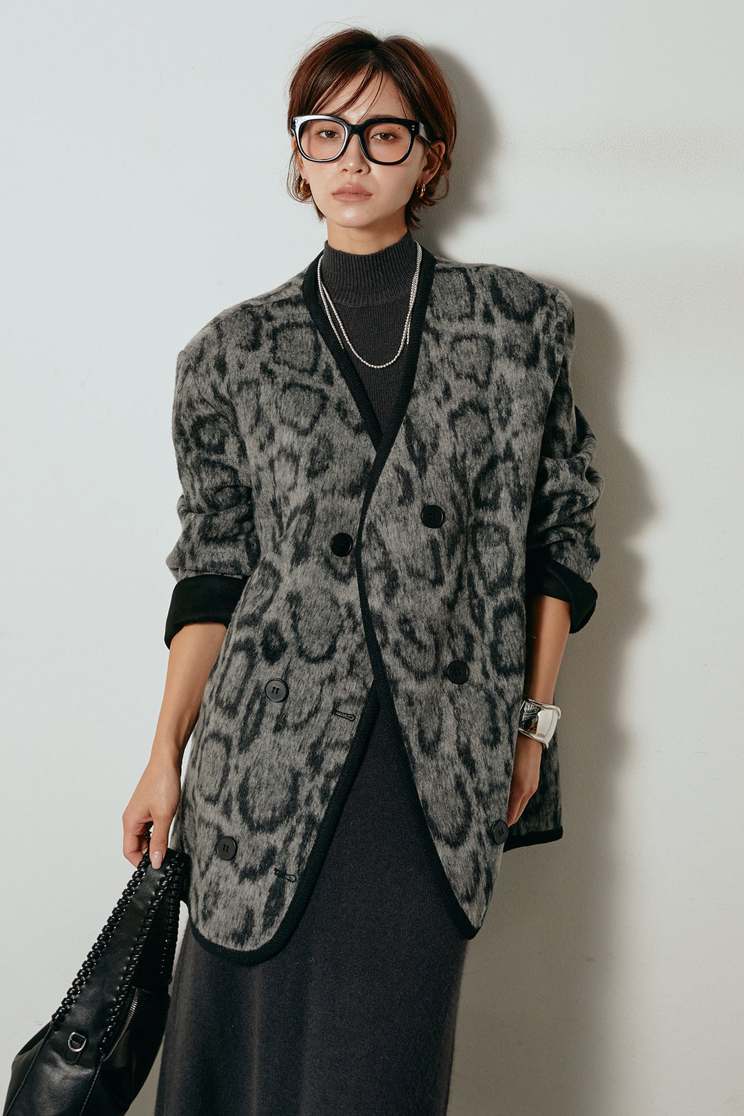 [SET]ノーカラーレオパード柄アウター+ノースリーブニットロングワンピース(2set)