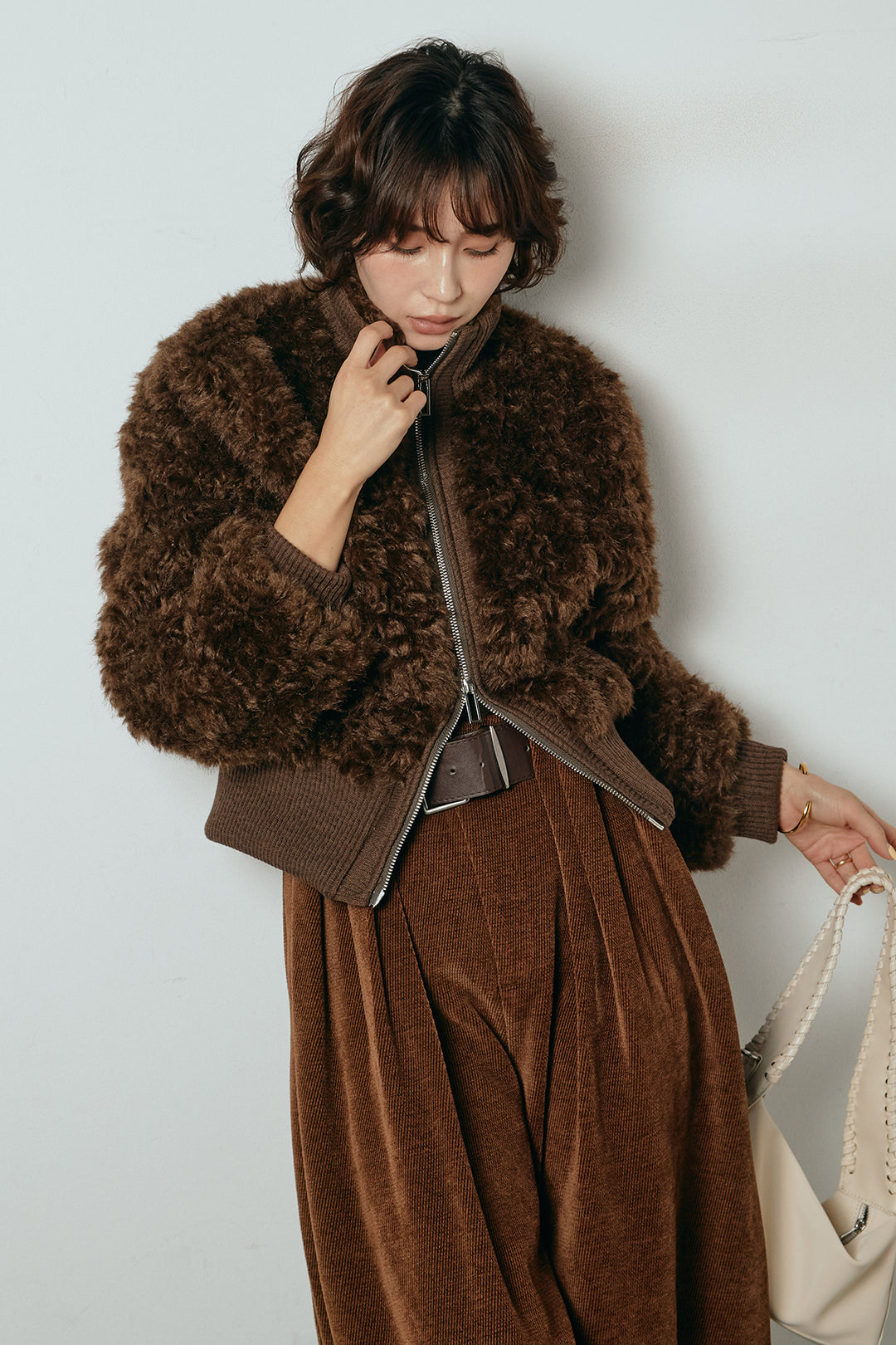 [SET]ハイネックショート丈ボアジップブルゾン+ベルトループコーデュロイワイドパンツ(2set)