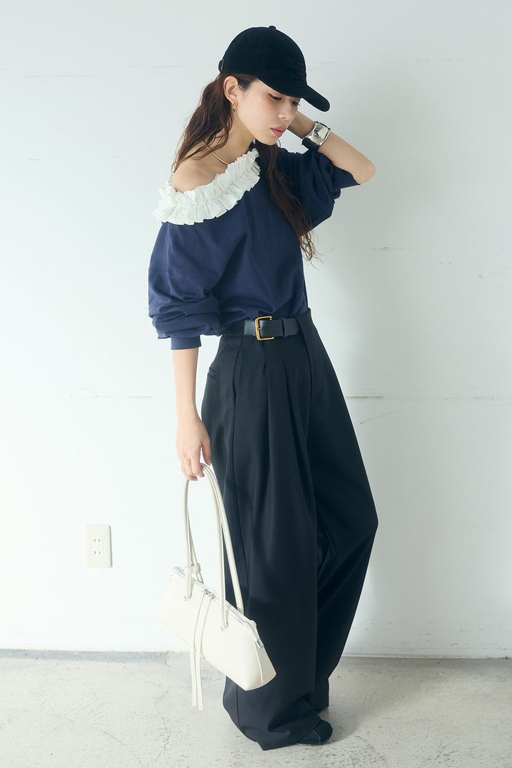 [SET]ネックギャザーフリルスウェット+サイドベルトタック入りスラックス(2set)
