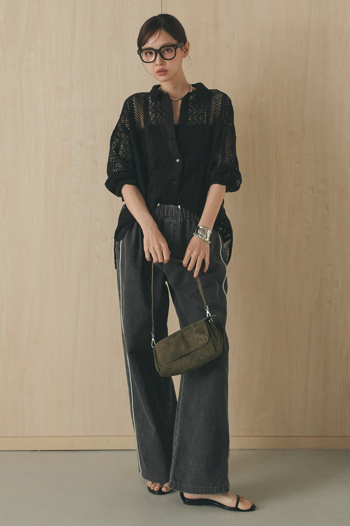 [SET]長袖襟付きレースシャツ+ドロストサイドラインデニムパンツ(2set)