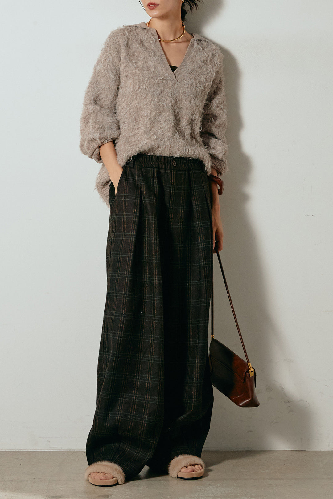 [SET]襟付きシャギーニットポロトップス+タータンチェック柄タックパンツ(2set)