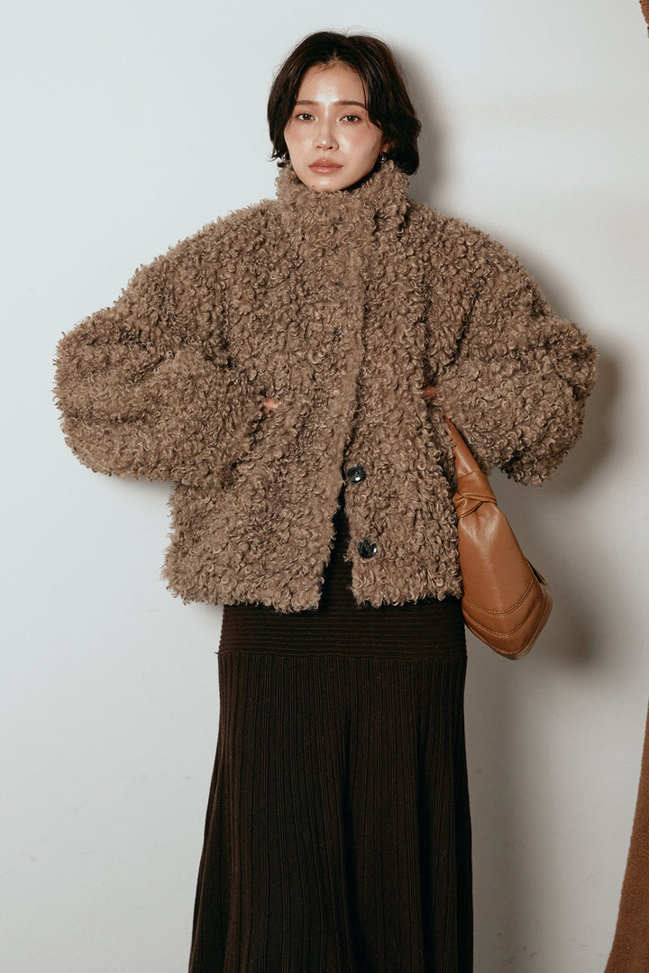 [SET]プードルファーミドルジャケット+編み地切り替えフレアニットスカート(2set)