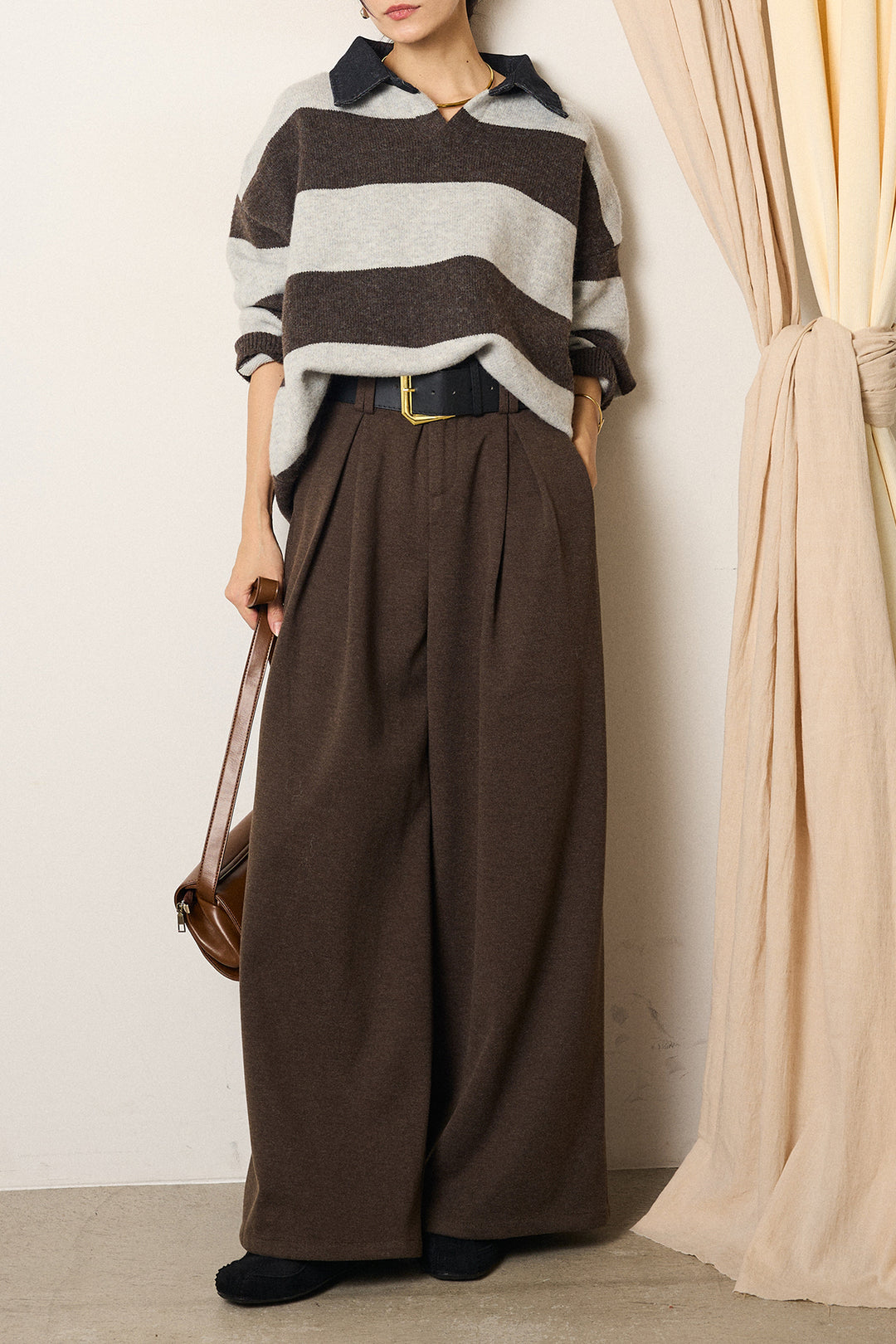 [SET]デニムカラーボーダールーズニット+ゴールドバックル太ベルト付きワイドパンツ(2set)