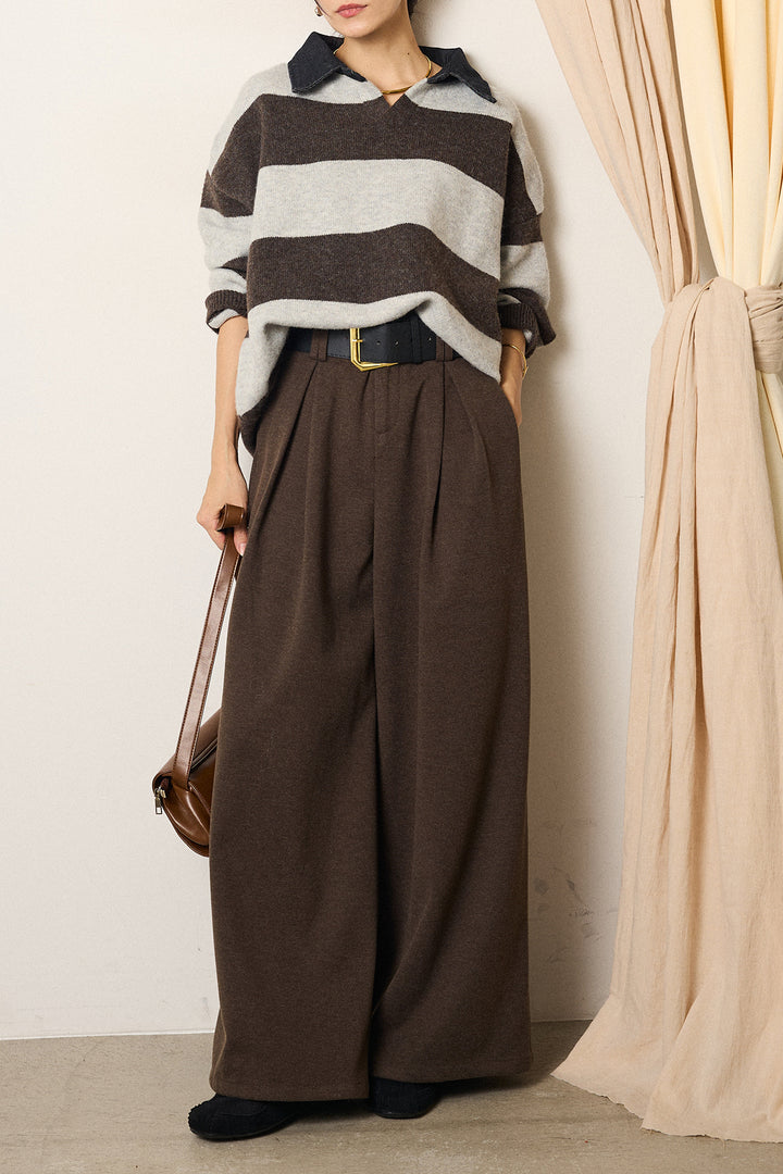 [SET]デニムカラーボーダールーズニット+ゴールドバックル太ベルト付きワイドパンツ(2set)