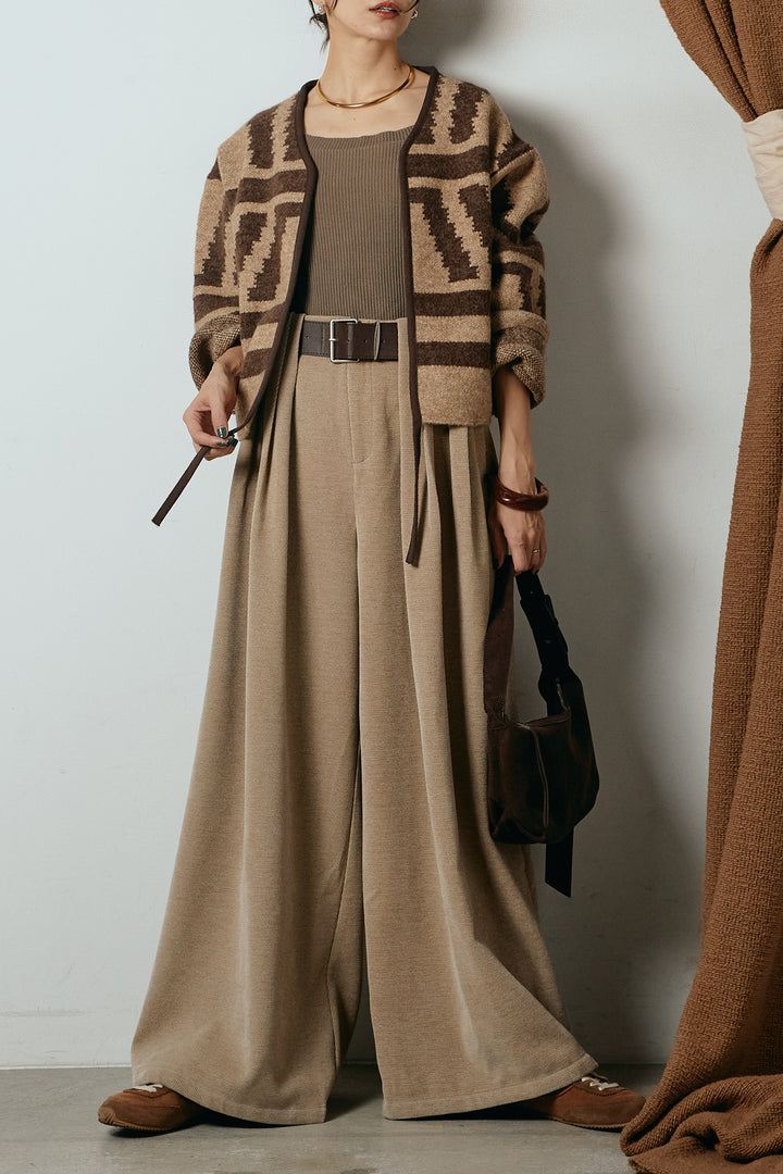 [SET]ノーカラー幾何学模様アウター+ベルトループコーデュロイワイドパンツ(2set)