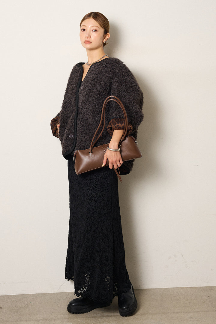 [SET]ノーカラー裏地レオパードボアアウター+花柄刺繍ベロアフレアスカート(2set)