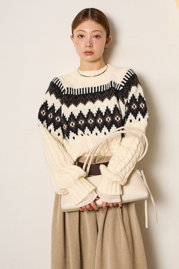 [SET]2WAY求心柄ジャガードショートカーディガン+2WAY袖コード刺繍クルーネックプルオーバー(2set)