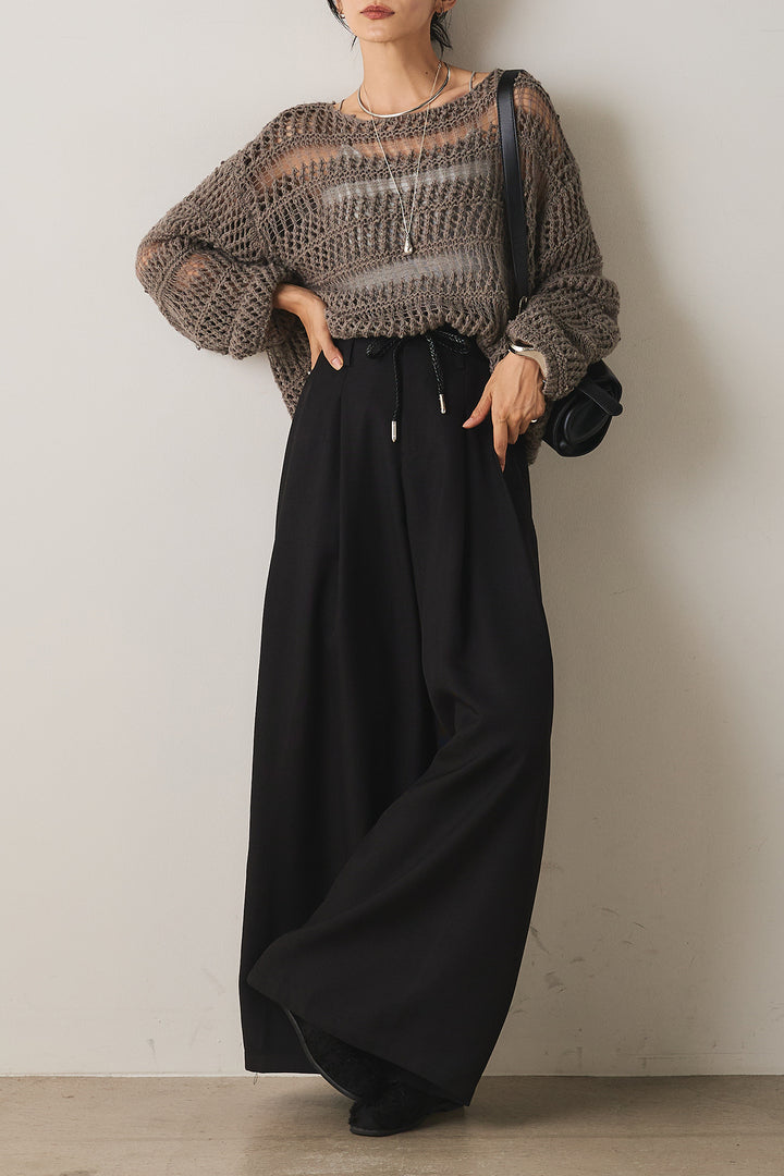 [SET]ライン柄透かし編みニットプルオーバー+細ベルト付きワイドパンツ(2set)