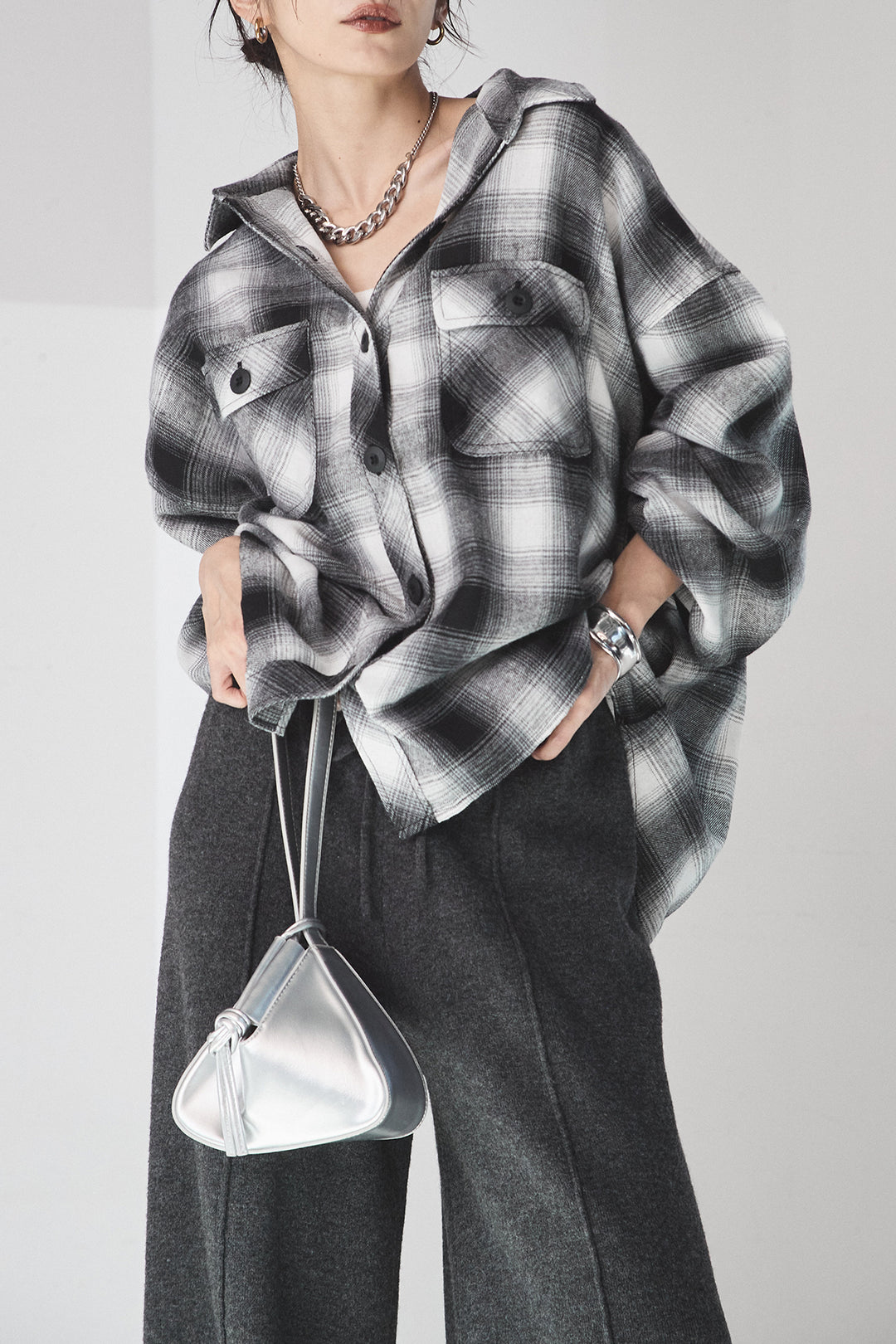 [SET]オンブレーチェックビッグシルエットCPOシャツ+センターラインニットパンツ(2set)