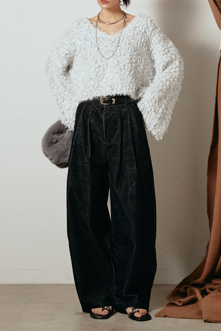 [SET]深Vネックチョウチョヤーンニットトップス+フロントタック入りコーデュロイパンツ(2set)