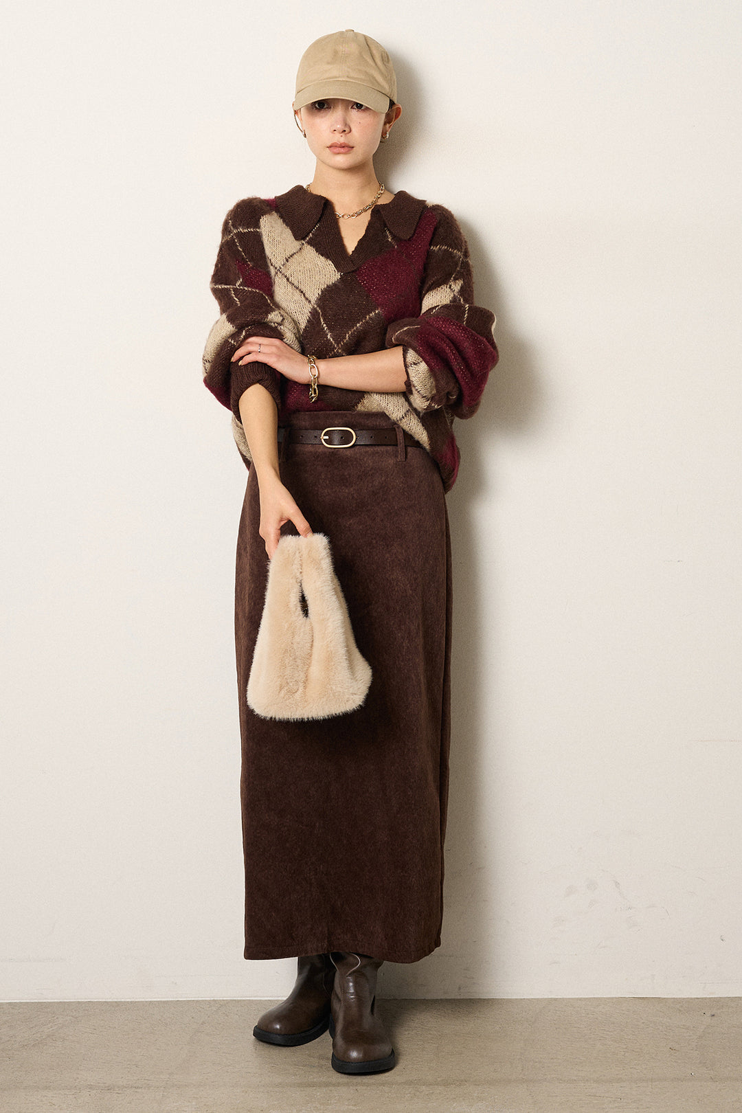 [SET]アクリルモヘアアーガイルキーネックプルオーバー+ロープベルト付きスウェード調スカート(2set)