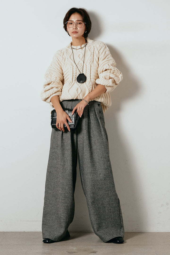 [SET]アラン柄ミックスケーブルニット+サイドボタンツイードタックパンツ(2set)