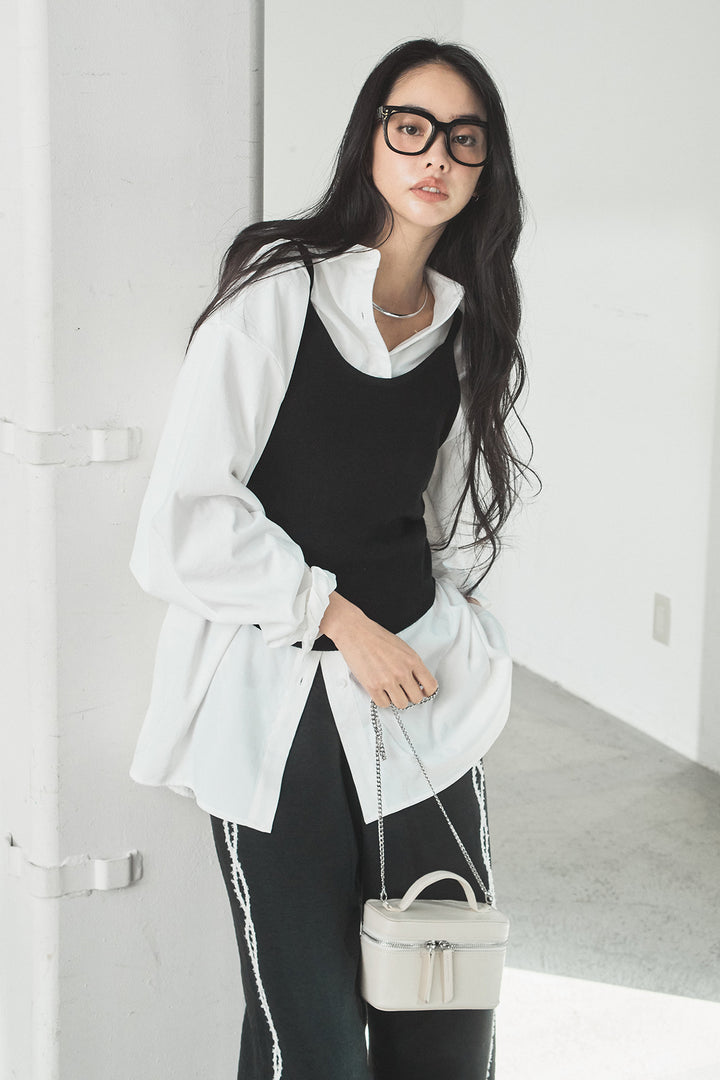 [SET]ニットキャミ付きシャツ+刺繡テープラインパンツ(2set)