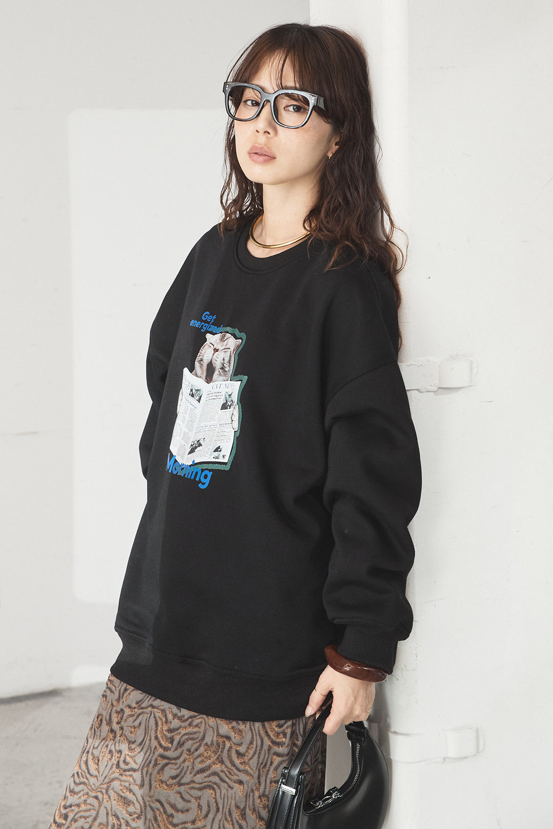 [SET]裏起毛モーニングキャットプリントスウェット+抽象柄ロングスカート(2set)