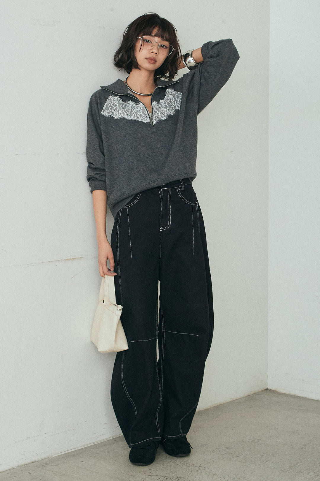 [SET]リバーレースハーフジップ裏毛スウェット+ツイル配色ステッチバレルパンツ(2set)