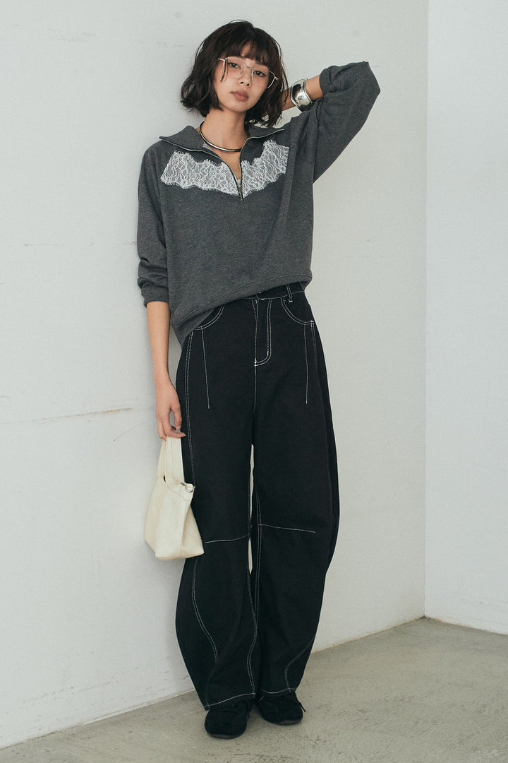 [SET]リバーレースハーフジップ裏毛スウェット+ツイル配色ステッチバレルパンツ(2set)