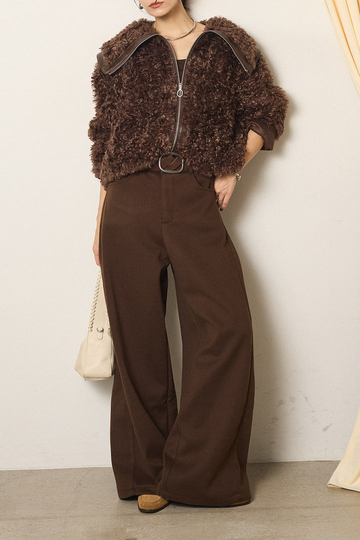 [SET]ビッグカラープードルボアアウター+編みベルト付きワイドパンツ(2set)