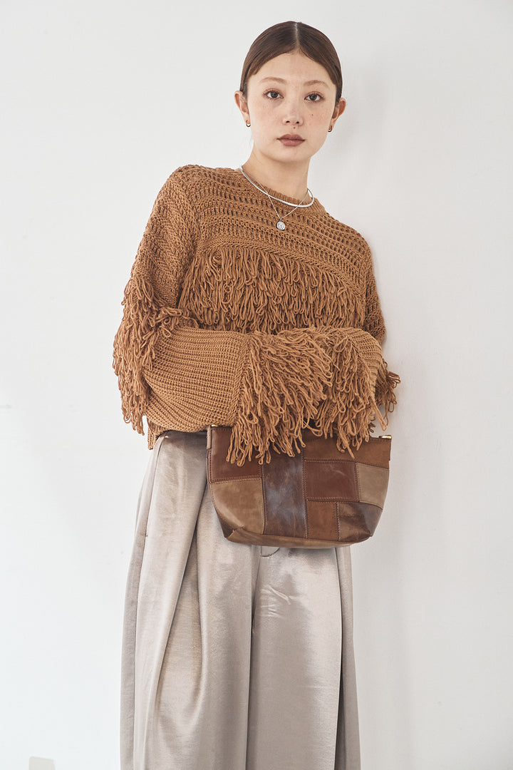 [SET]メッシュフリンジ切り替えプルオーバー+サテンタックワイドパンツ(2set)