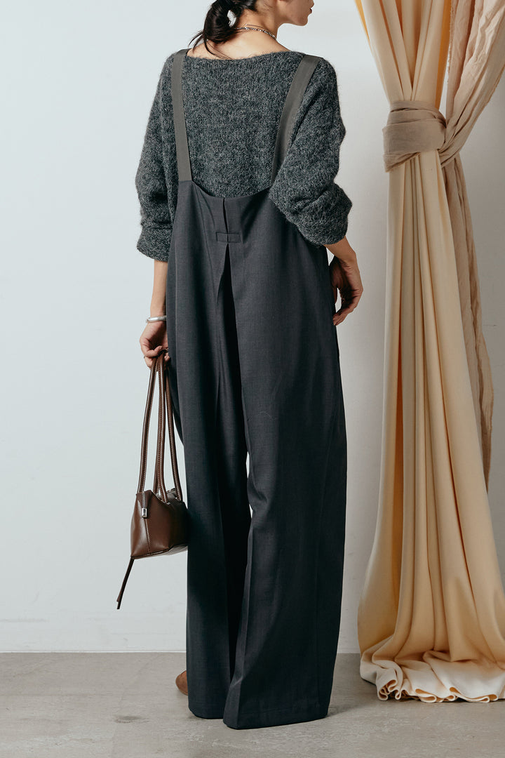 [SET]フロントロゴデザインニットトップス+ワイドツイルサロペット(2set)