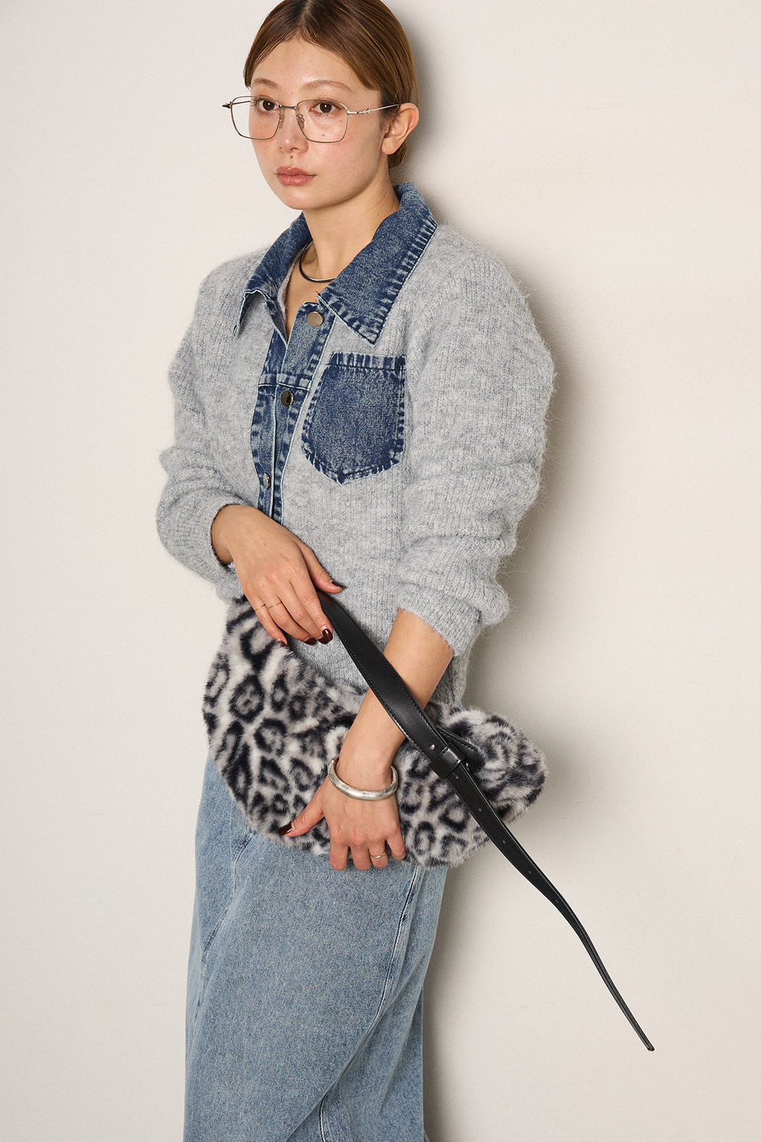 [SET]襟付きデニム切替ニットカーディガン+デニムロングフレアスカート(2set)