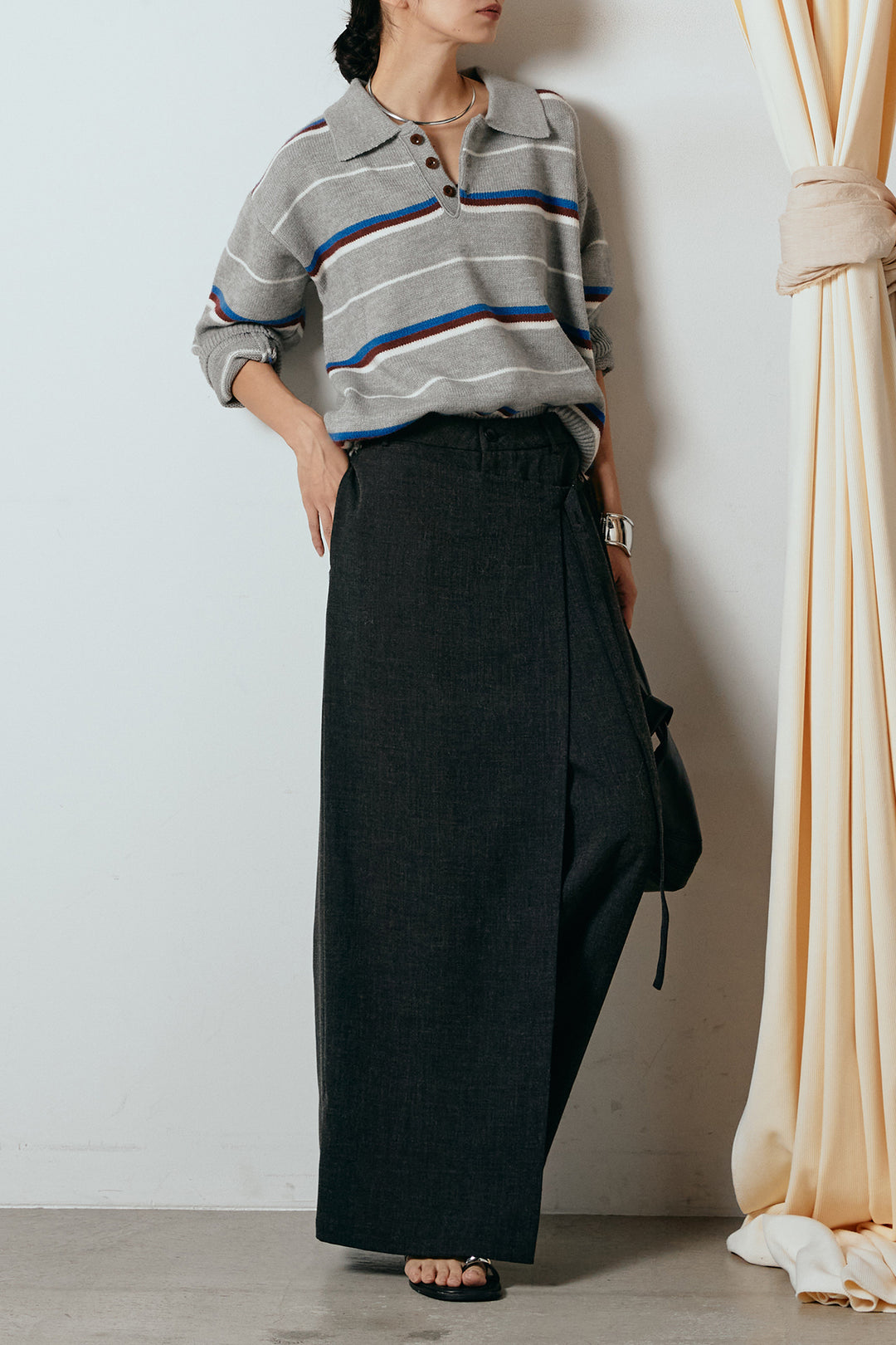 [SET]襟付きマルチボーダーニットポロトップス+ラップ巻きワイドスラックス(2set)