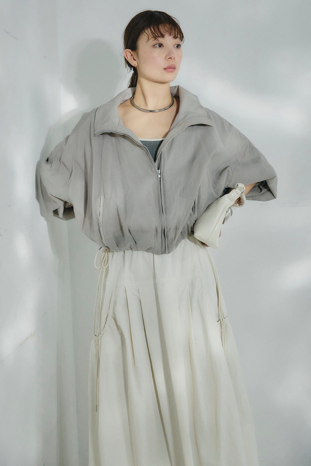 [SET]スタンドネックシアーブルゾン+ナイロンデザインフレアスカート(2set)