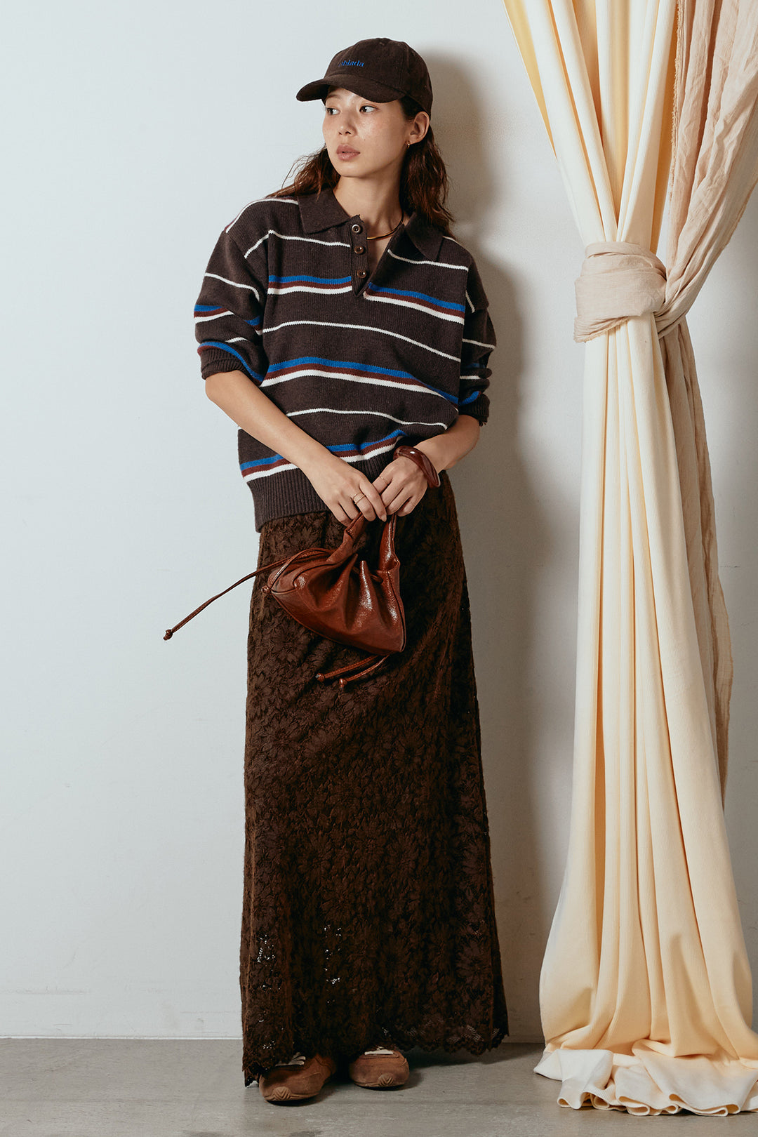 [SET]襟付きマルチボーダーニットポロトップス+花柄刺繍ベロアフレアスカート(2set)