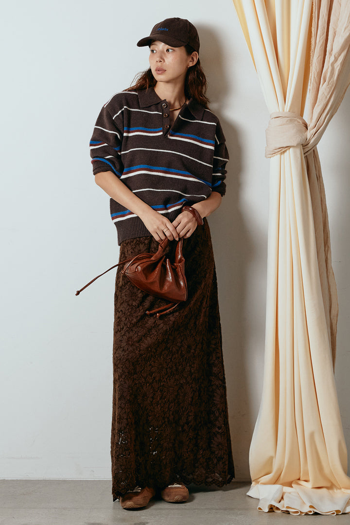 [SET]襟付きマルチボーダーニットポロトップス+花柄刺繍ベロアフレアスカート(2set)