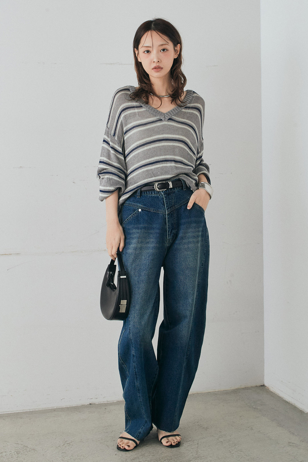 [SET]綿タッチVネックボーダートップス+デニムヨークパンツ(2set)