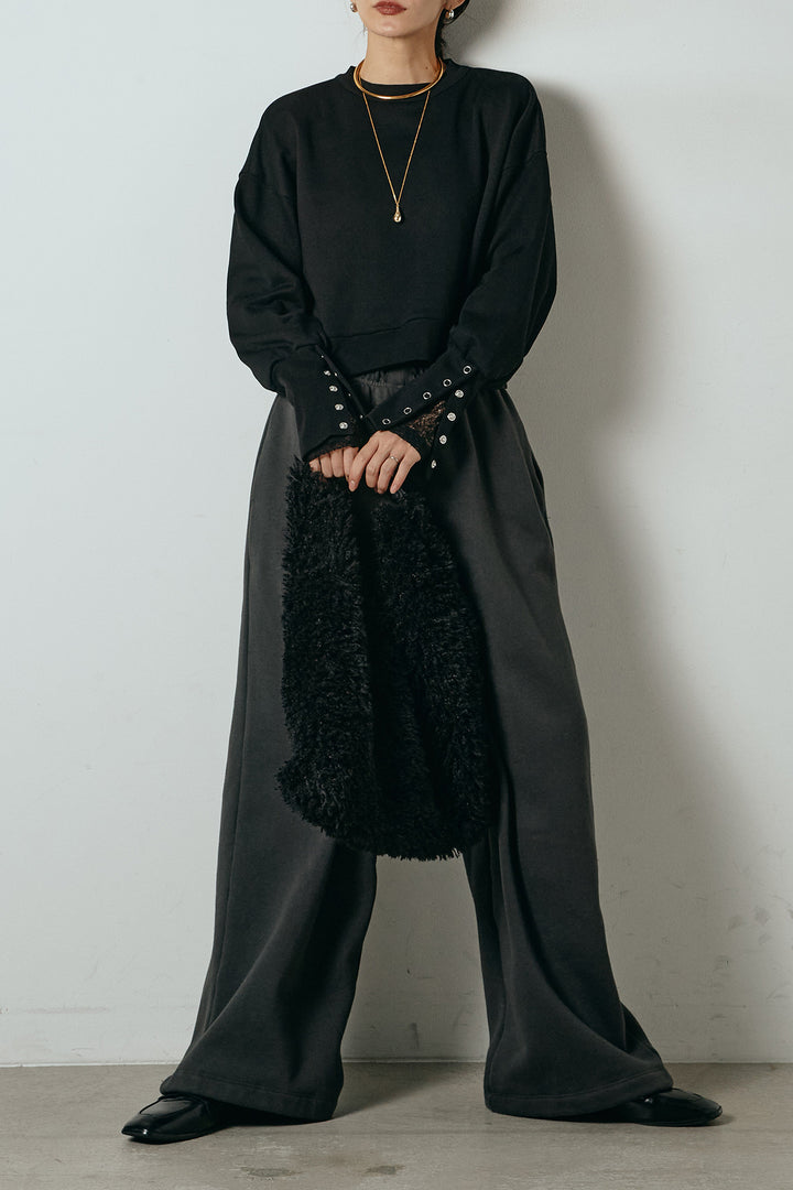 [SET]裏毛バックオープンプルオーバー+ストレッチレースクルーネックインナー+裏起毛スウェットワイドパンツ(3set)