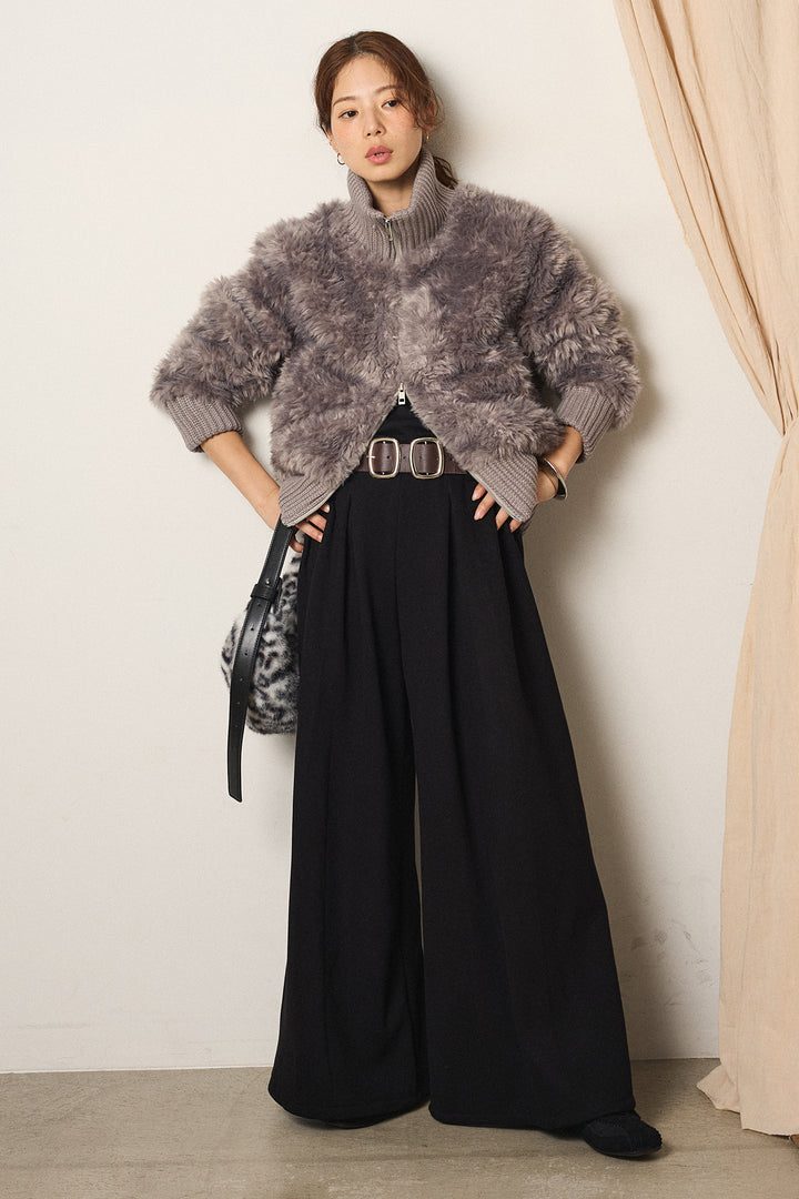 [SET]ハイネックボアブルゾン+フェイクレザー太ベルト付きタックワイドパンツ(2set)