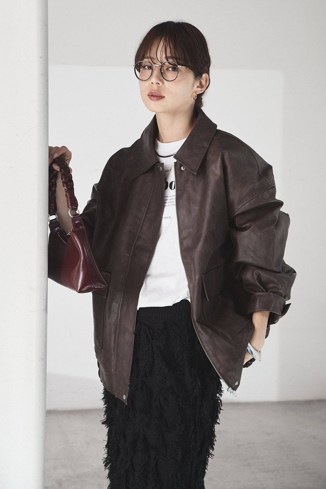 [SET]レザーライクオーバーサイズブルゾン+カットフリンジニットタイトスカート(2set)