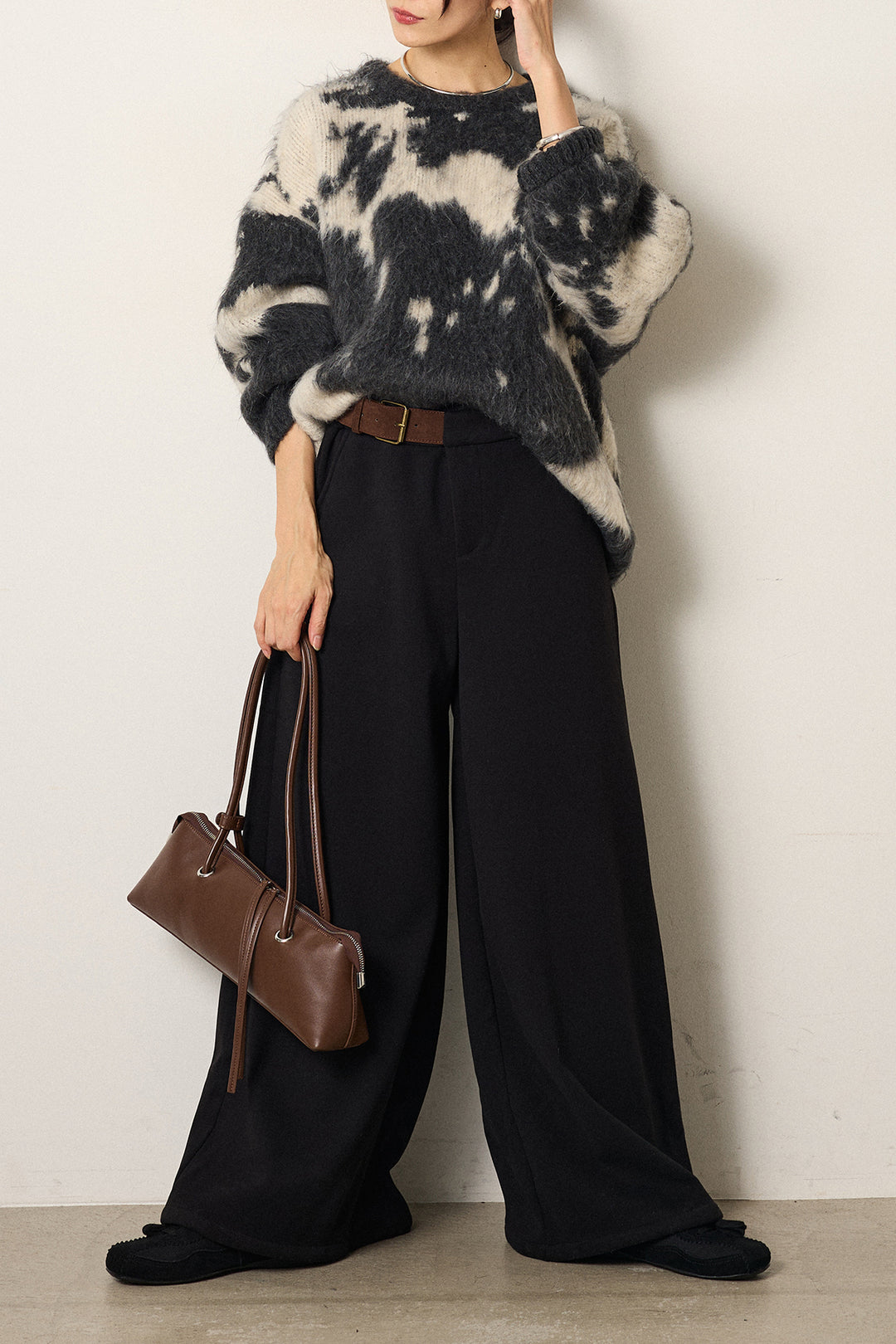 [SET]モヘアタッチマーブルニット+サイドベルトパンツ(2set)