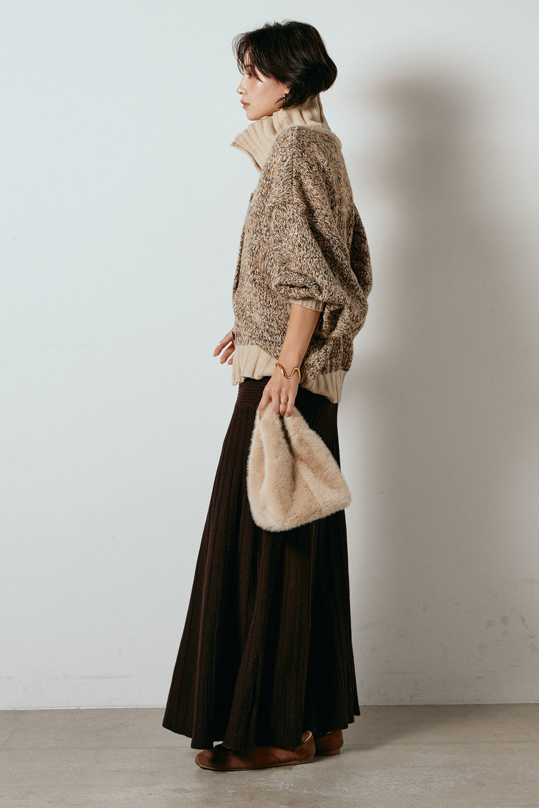 [SET]ハイネックミックスニットカーディガン+編み地切り替えフレアニットスカート(2set)