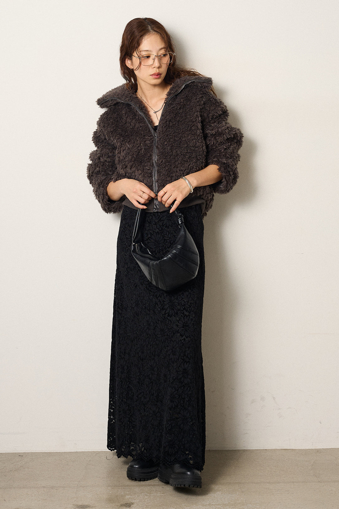 [SET]スタンドカラー裾リブボアブルゾン+花柄刺繍ベロアフレアスカート(2set)