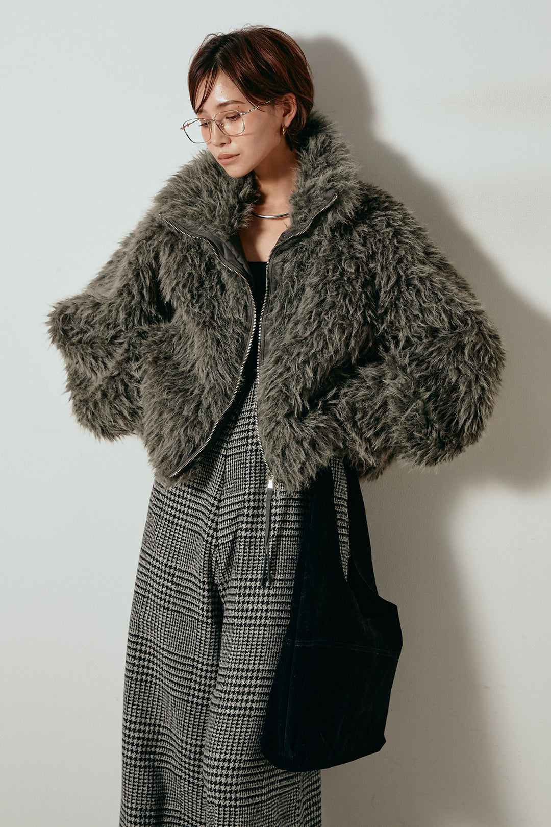 [SET]ミックスシープファースタンドブルゾン+前後2wayグレンチェック柄スカーチョサロペット(2set)